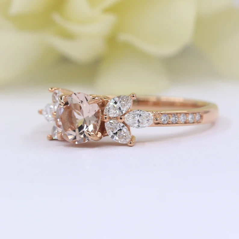 14K MORGANITE MARQUISE DIAMOND CLUSTER RING