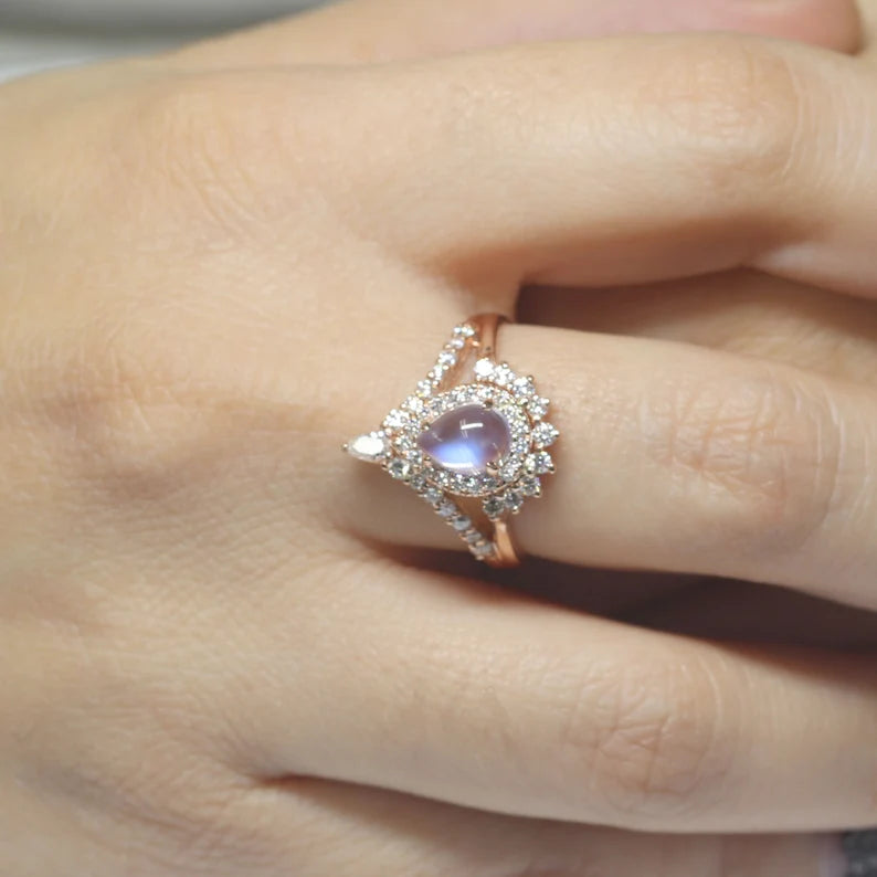 14K MOONSTONE DIAMOND HALO CHEVRON RING