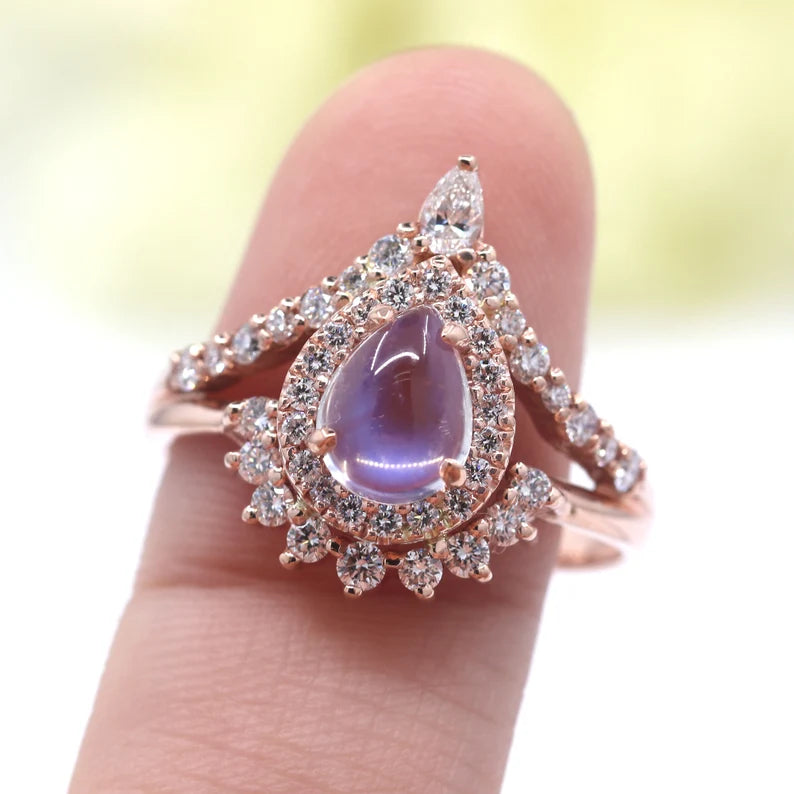 14K MOONSTONE DIAMOND HALO CHEVRON RING
