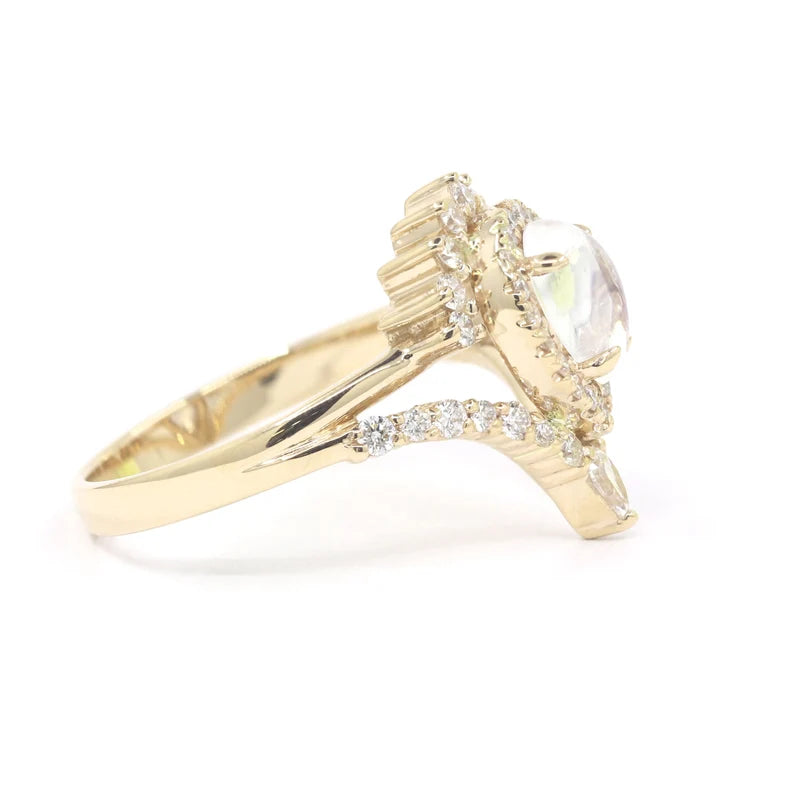 14K MOONSTONE DIAMOND HALO CHEVRON RING
