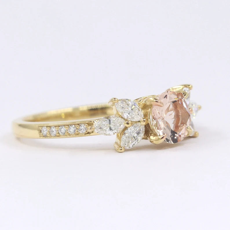 14K MORGANITE MARQUISE DIAMOND CLUSTER RING