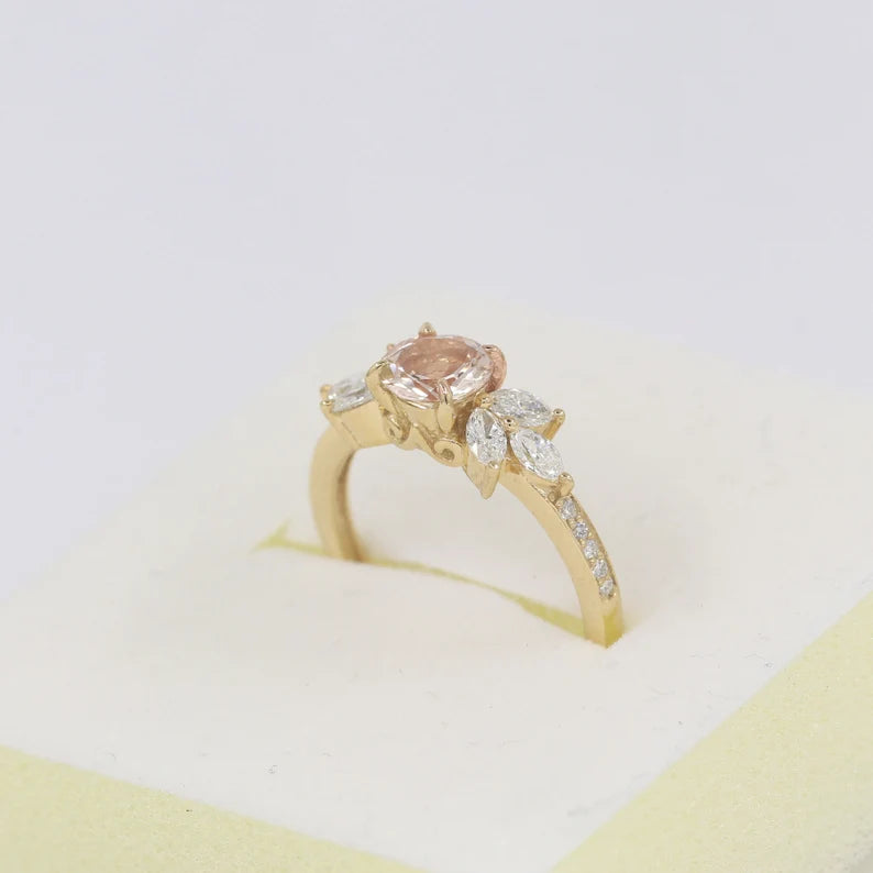 14K MORGANITE MARQUISE DIAMOND CLUSTER RING
