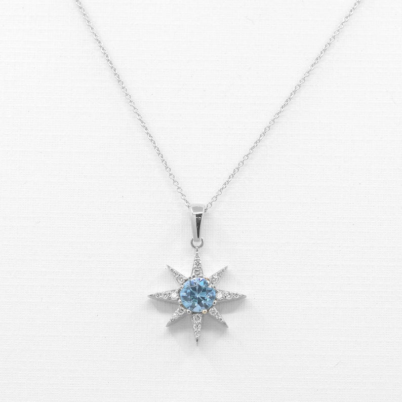 14K BLUE ZIRCON DIAMOND STAR NECKLACE