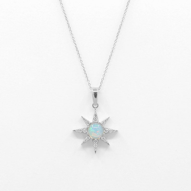 14K CABOCHON OPAL DIAMOND STAR NECKLACE
