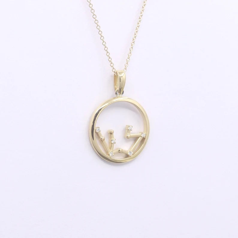 14K DIAMOND AQUARIUS ZODIAC SIGN CIRCLE NECKLACE