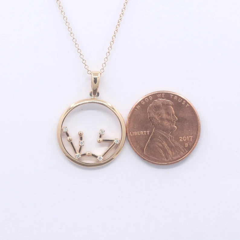 14K DIAMOND AQUARIUS ZODIAC SIGN CIRCLE NECKLACE