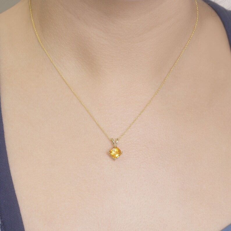14K 7MM CITRINE RHOMBUS SOLITAIRE NECKLACE