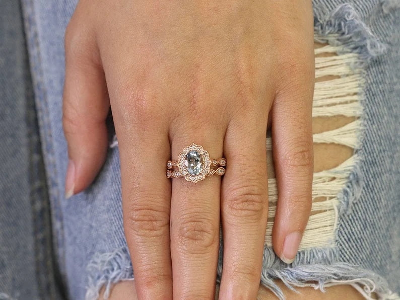 14K AQUAMARINE DIAMOND FLORAL BRIDAL ENGAGEMENT RING