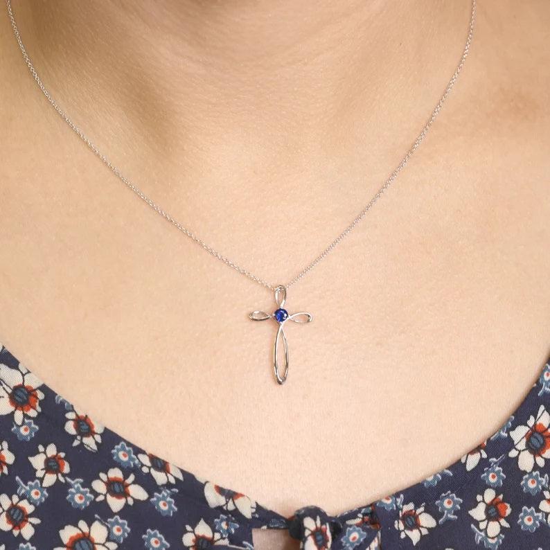 14K SAPPHIRE CROSS NECKLACE