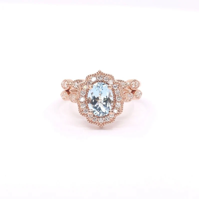 14K AQUAMARINE DIAMOND FLORAL BRIDAL ENGAGEMENT RING