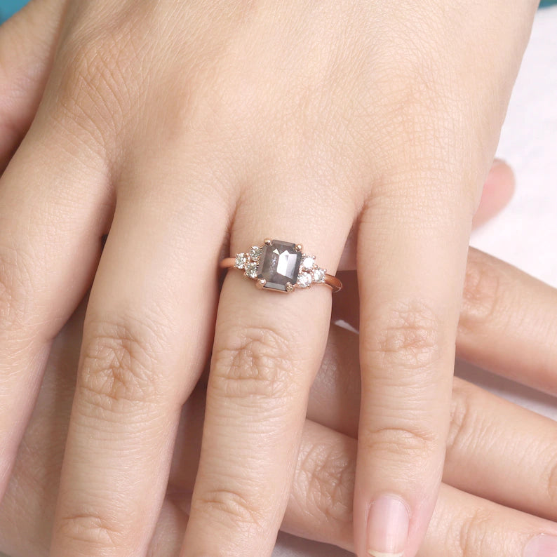 14K 1.42CT SALT AND PEPPER DIAMOND CLUSTER RING
