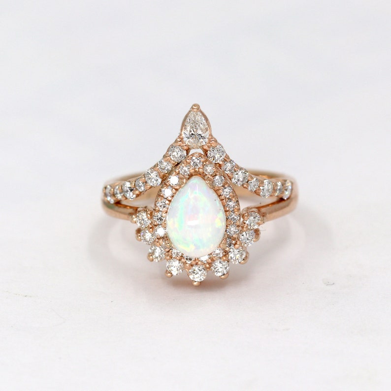 14K PEAR OPAL DIAMOND HALO CROWN CHEVRON RING