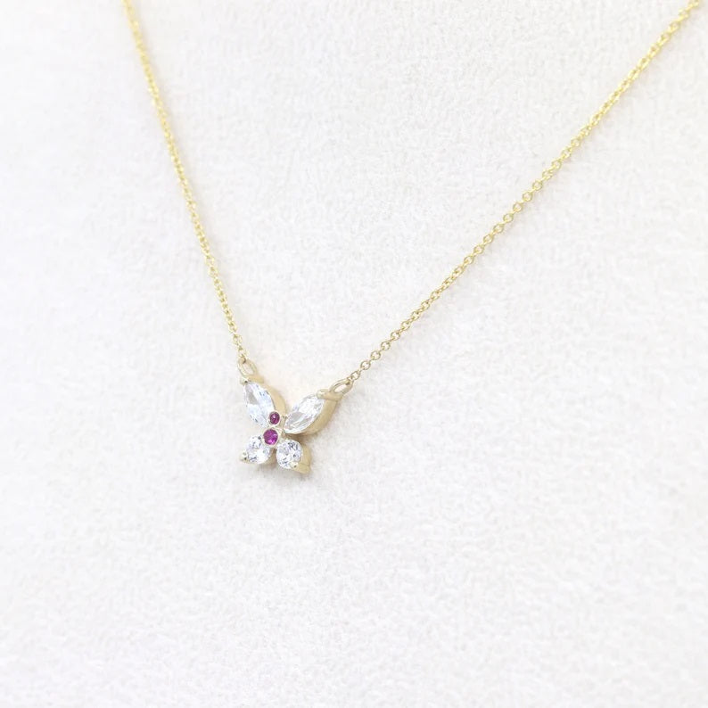 14K SIMULATED DIAMOND RUBY BUTTERFLY NECKLACE