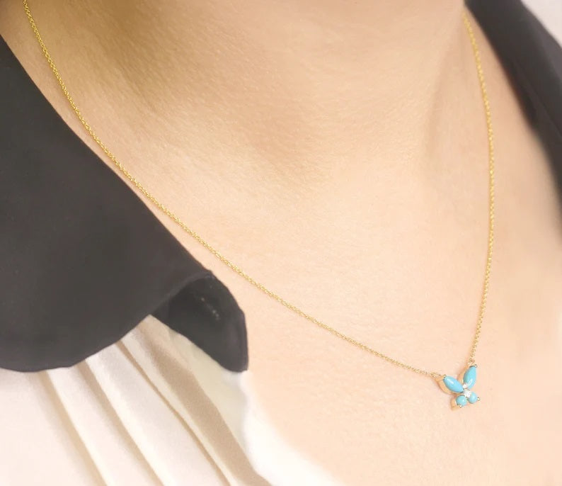 14K TURQUOISE DIAMOND BUTTERFLY NECKLACE