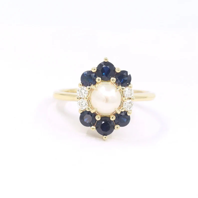 14K PEARL SAPPHIRE DIAMOND FLOWER RING