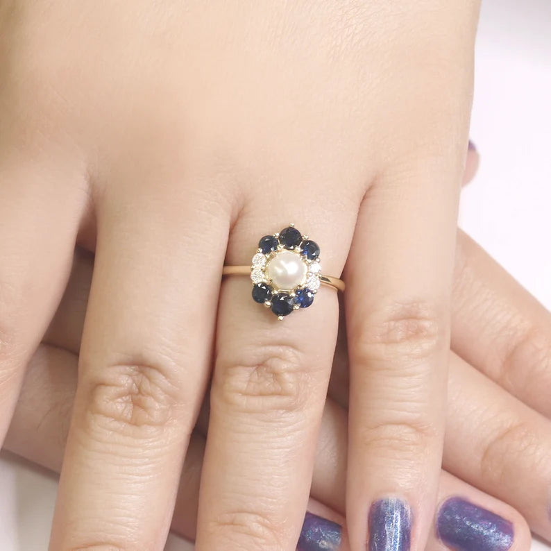 14K PEARL SAPPHIRE DIAMOND RING V BAND 3 RING SET