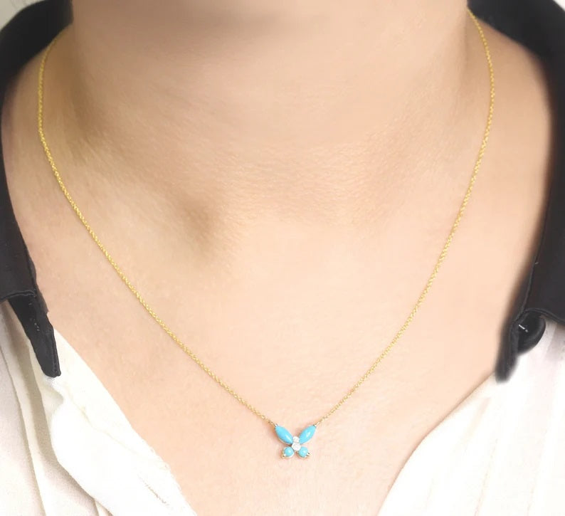 14K TURQUOISE DIAMOND BUTTERFLY NECKLACE