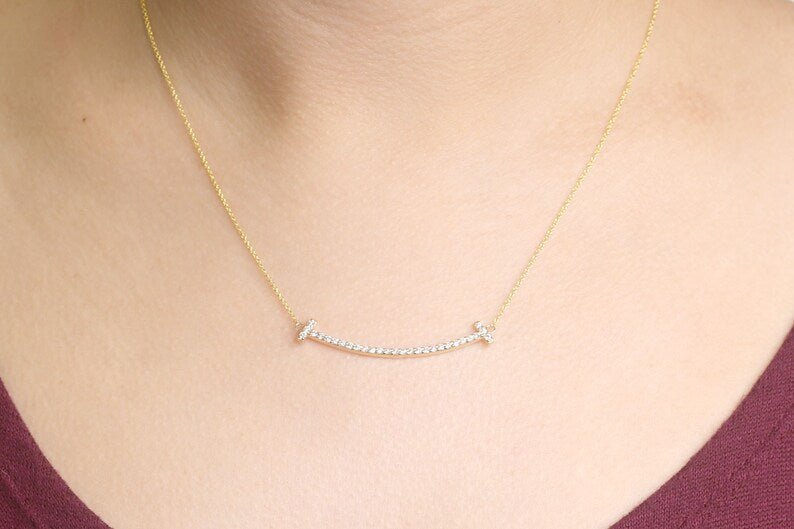 14K DIAMOND SMILE CURVED BAR NECKLACE