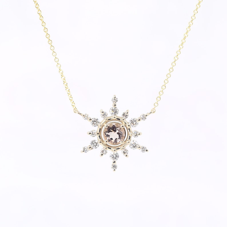 14K 5MM MORGANITE DIAMOND SNOWFLAKE NECKLACE