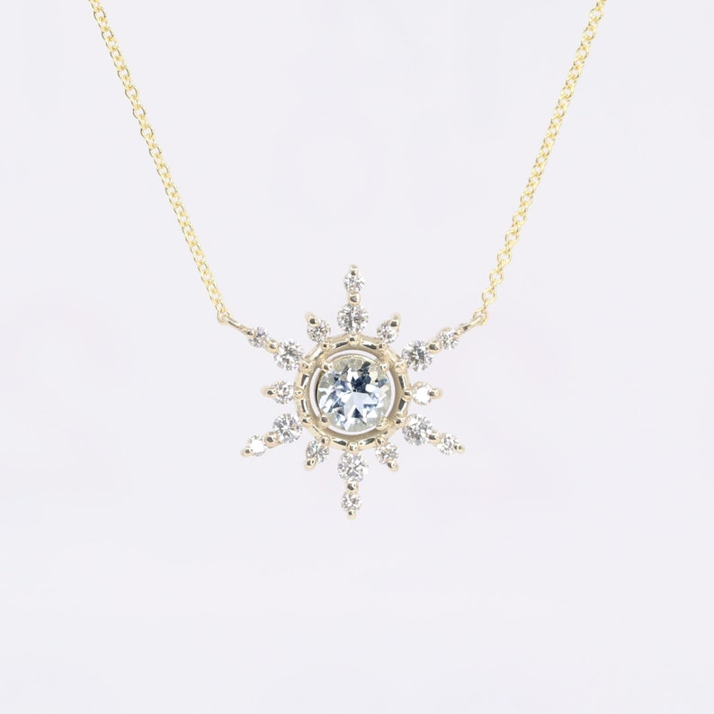 14K 5MM AQUAMARINE DIAMOND SNOWFLAKE NECKLACE