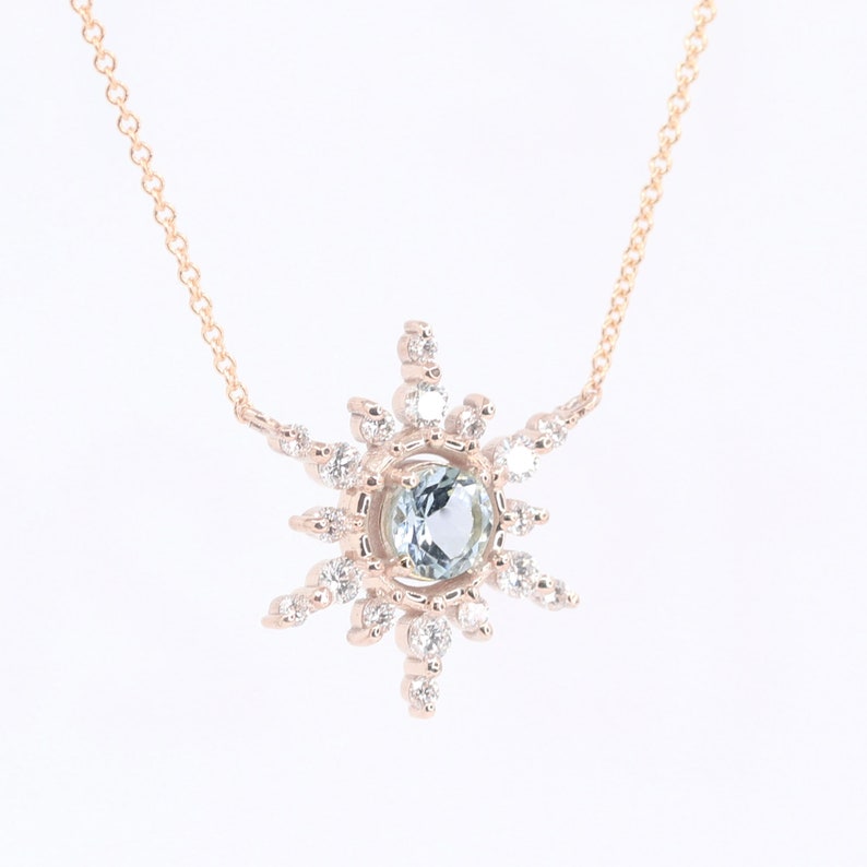 14K 5MM AQUAMARINE DIAMOND SNOWFLAKE NECKLACE