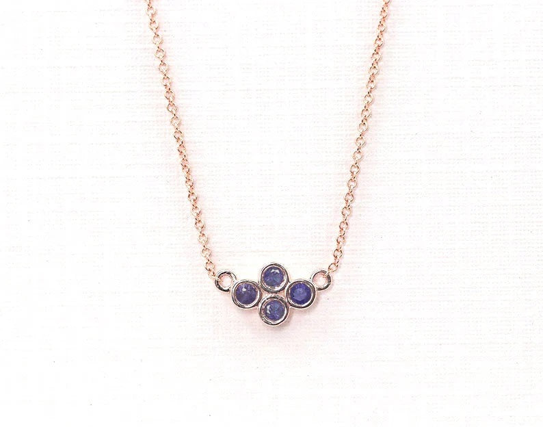 14K 4 SAPPHIRE BEZEL TINY CLUSTER NECKLACE