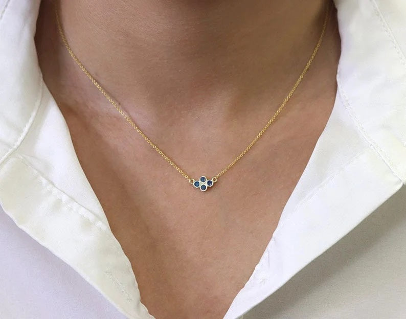 14K 4 SAPPHIRE BEZEL TINY CLUSTER NECKLACE