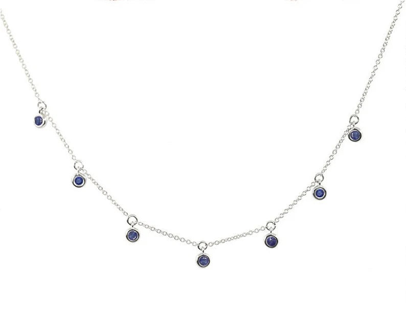 14K 7 SAPPHIRE BEZEL DANGLING NECKLACE