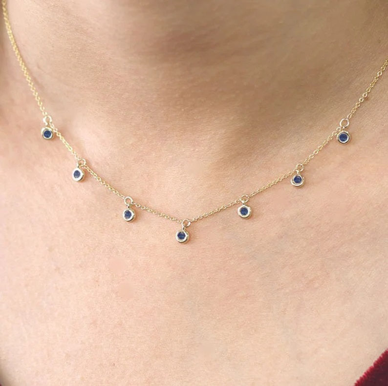14K 7 SAPPHIRE BEZEL DANGLING NECKLACE
