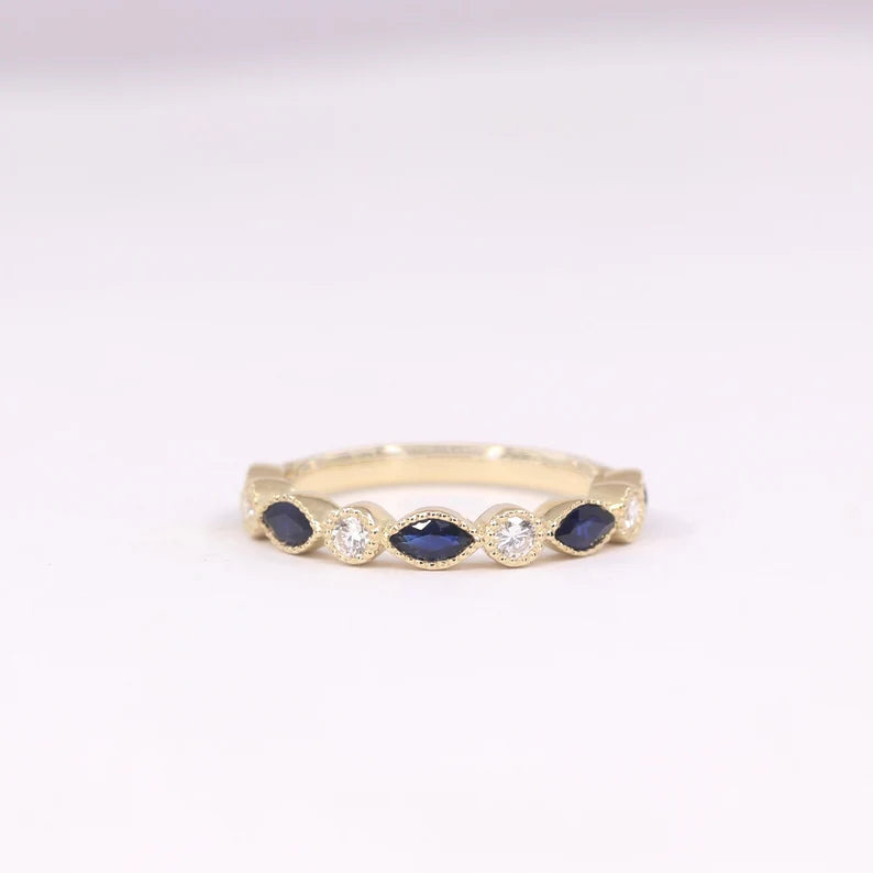 14K MARQUISE SAPPHIRE DIAMOND ART DECO BAND