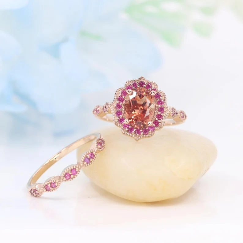 14K SUNSTONE RUBY FLORAL ENGAGEMENT RING