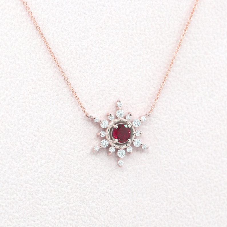 14K 5MM RUBY DIAMOND SNOWFLAKE NECKLACE