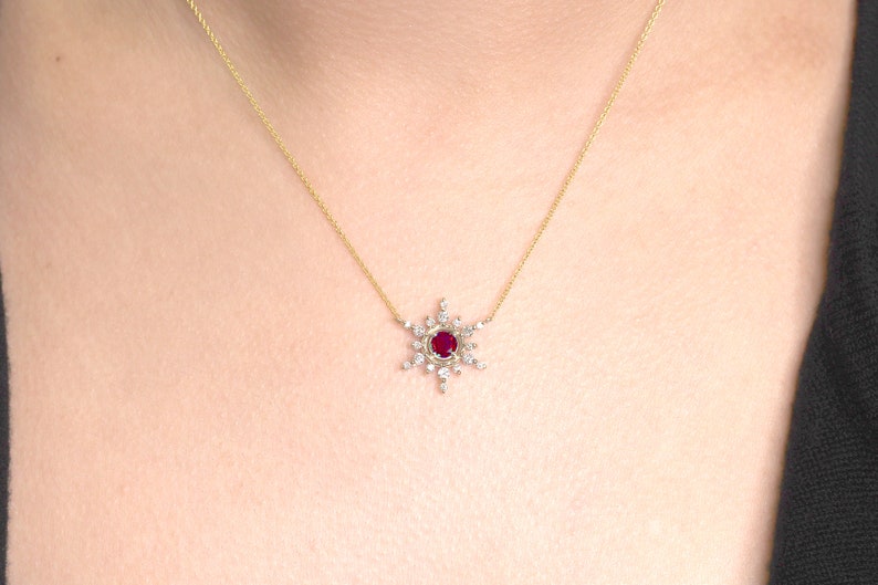 14K 5MM RUBY DIAMOND SNOWFLAKE NECKLACE