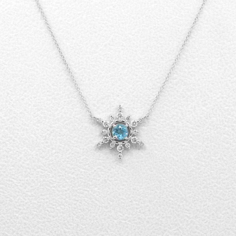 14K 5MM BLUE ZIRCON DIAMOND SNOWFLAKE NECKLACE