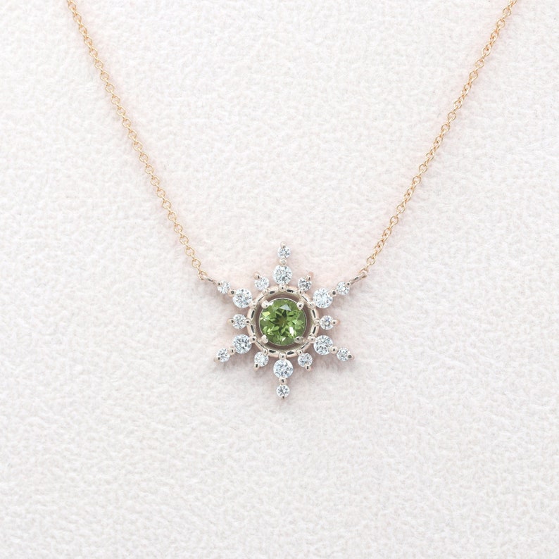 14K 5MM PERIDOT DIAMOND SNOWFLAKE NECKLACE