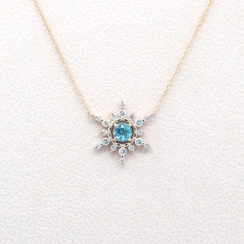 14K 5MM BLUE ZIRCON DIAMOND SNOWFLAKE NECKLACE