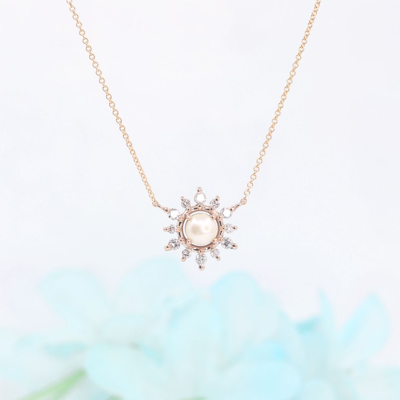 14K PEARL DIAMOND SNOWFLAKE NECKLACE