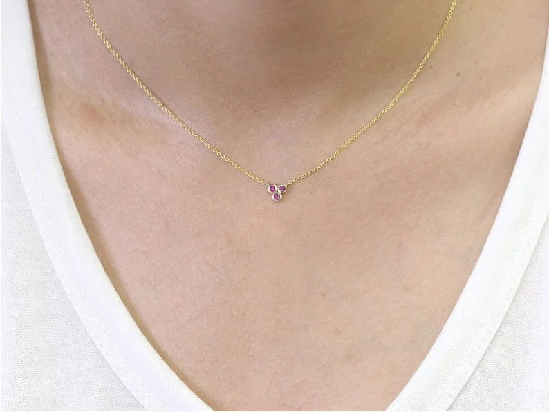 14K 3 RUBY BEZEL TINY CLUSTER NECKLACE