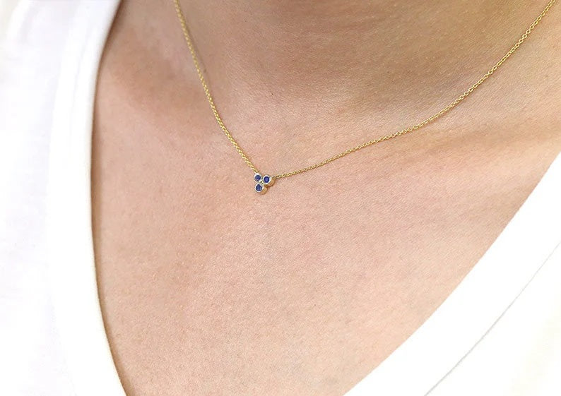 14K 3 SAPPHIRE BEZEL TINY CLUSTER NECKLACE