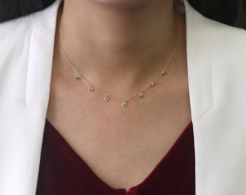 14K 7 SAPPHIRE BEZEL DANGLING NECKLACE
