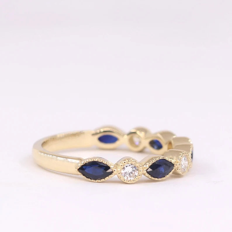 14K MARQUISE SAPPHIRE DIAMOND ART DECO BAND