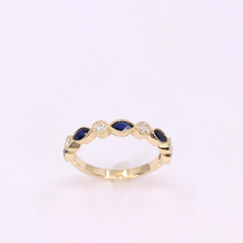 14K MARQUISE SAPPHIRE DIAMOND ART DECO BAND