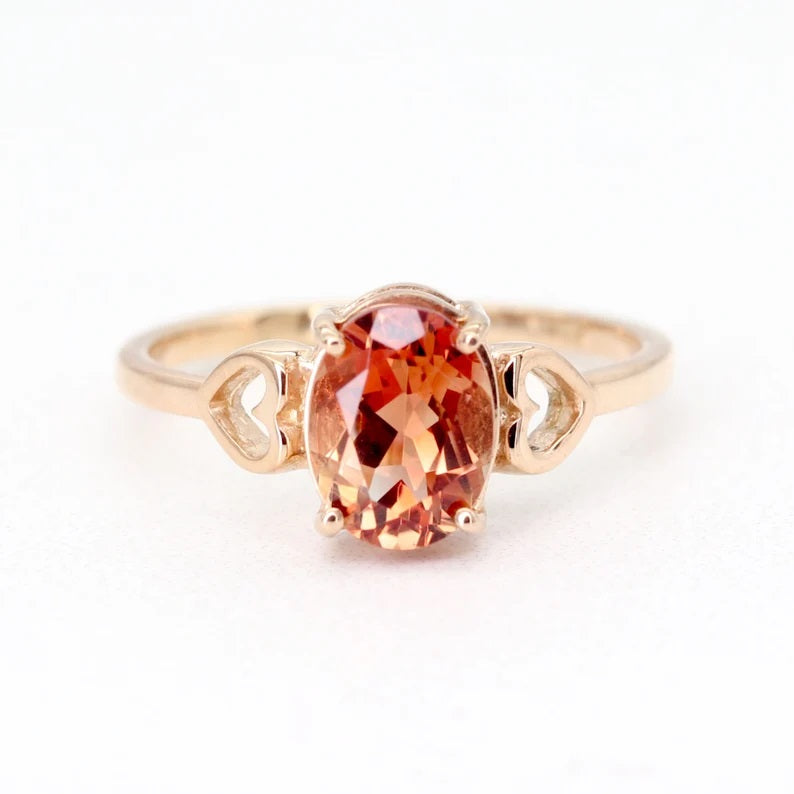 14K OVAL SUNSTONE DOUBLE HEART RING
