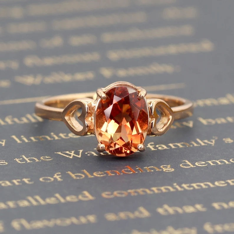14K OVAL SUNSTONE DOUBLE HEART RING