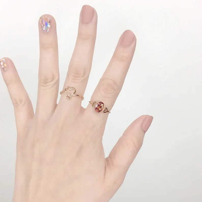14K OVAL SUNSTONE DOUBLE HEART RING