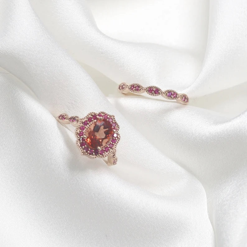 14K SUNSTONE RUBY FLORAL BRIDAL SET