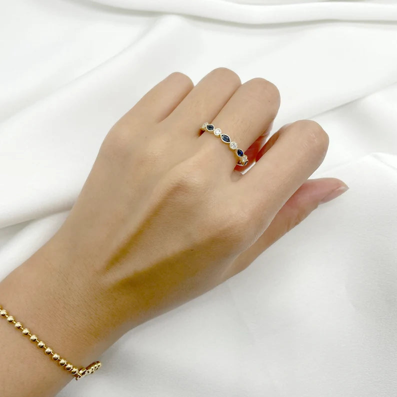 14K MARQUISE SAPPHIRE DIAMOND ART DECO BAND
