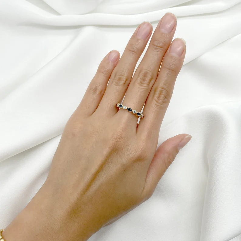 14K MARQUISE SAPPHIRE DIAMOND ART DECO BAND