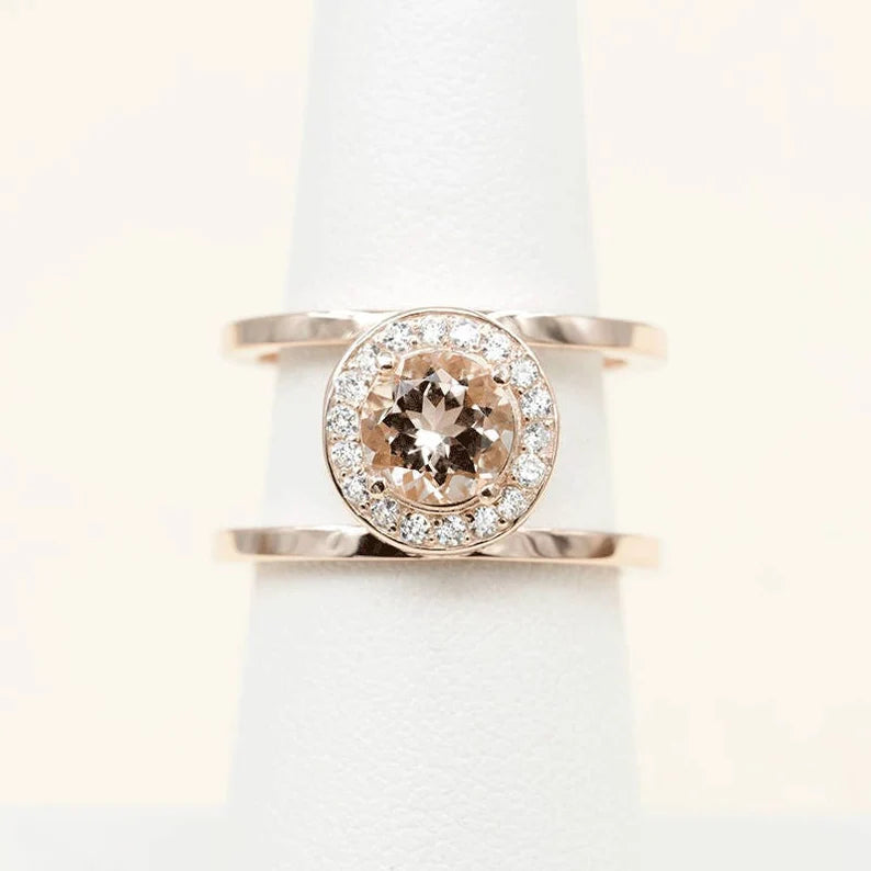 14K MORGANITE DIAMOND HALO GUARD RING