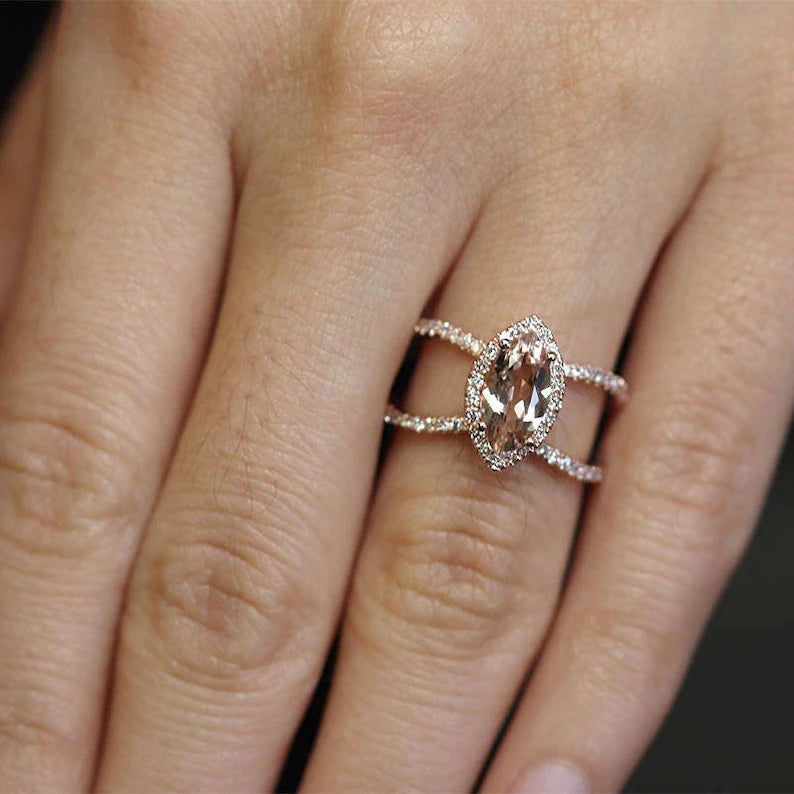 14K MARQUISE MORGANITE DIAMOND HALO DOUBLE BAND RING